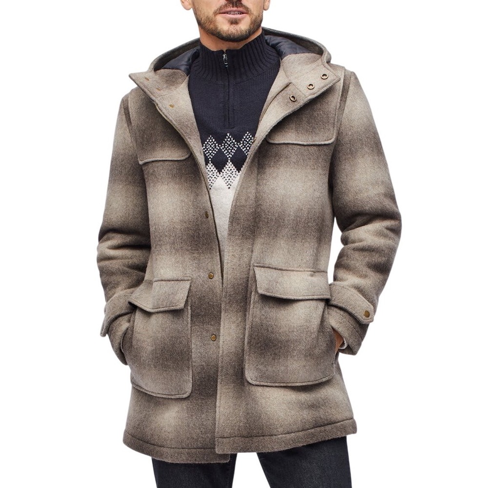Bonobos Mens XXL Wool Alpaca Duffle Coat Wool Hooded Parka Brown Plaid Jacket